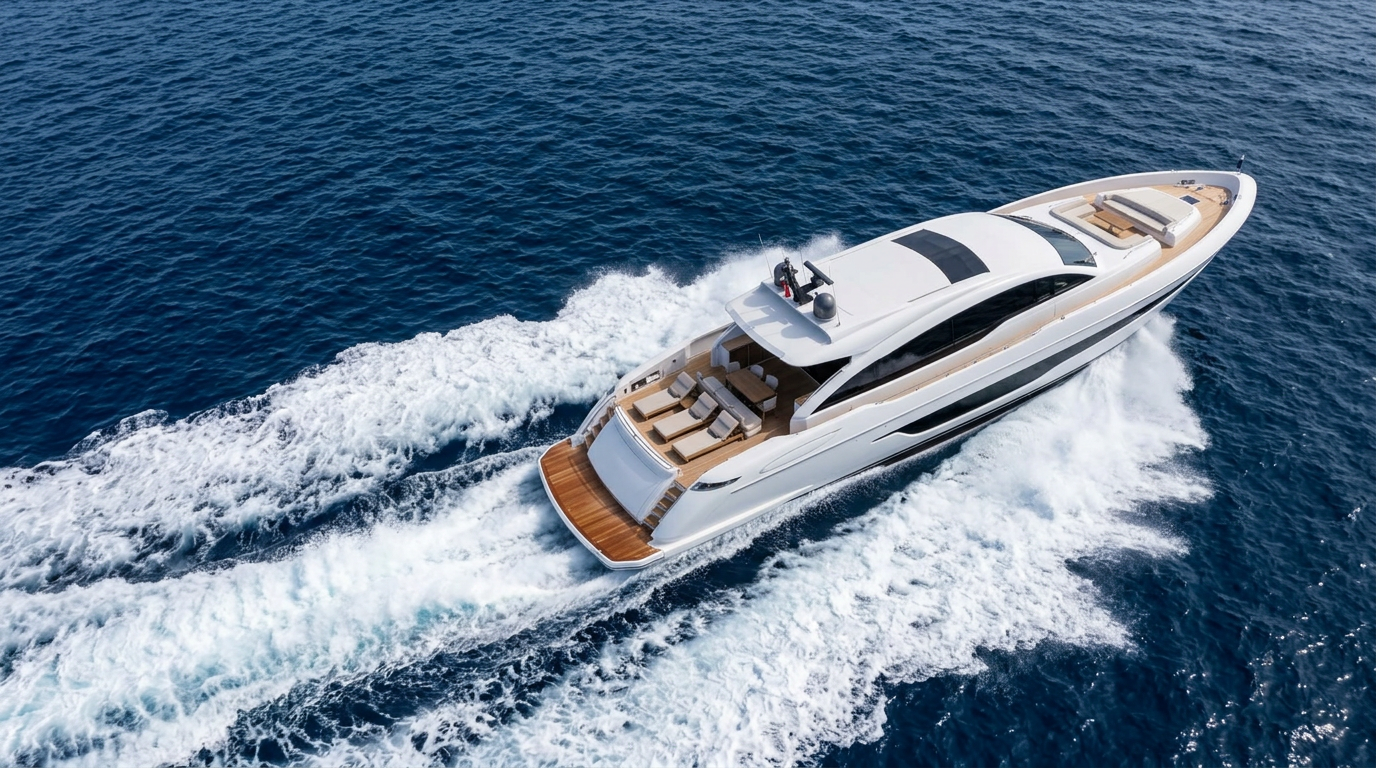 A sleek luxury motor yacht with panoramic windows and teak decks cruising through open blue water